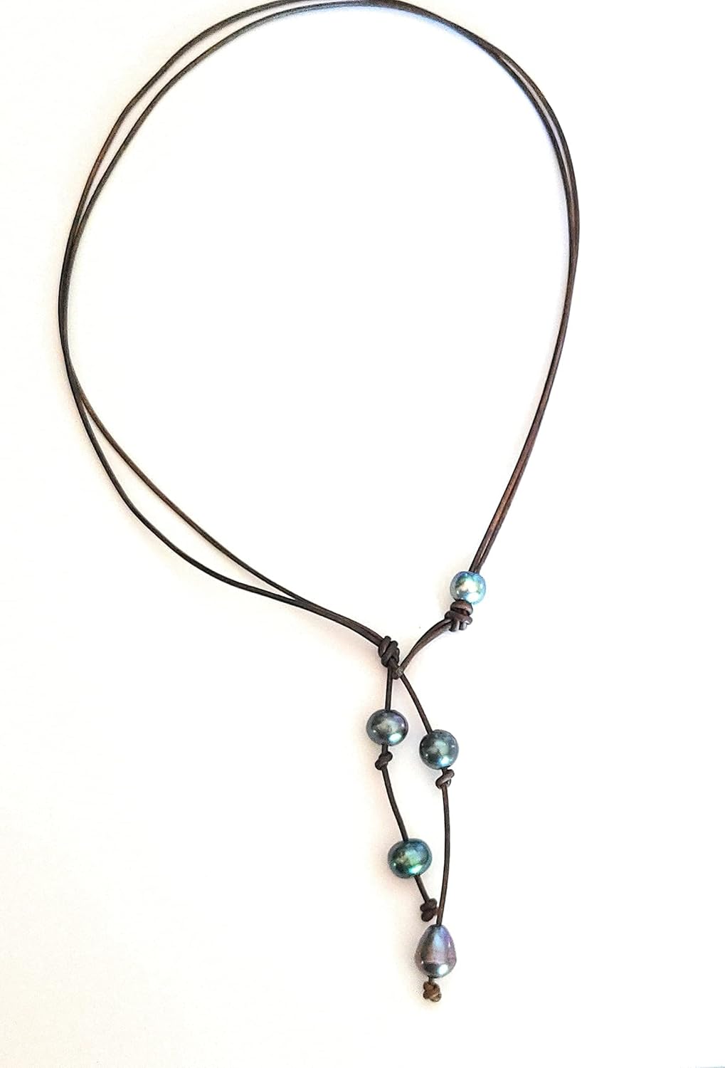 Black Leather Black Pearl Y necklace, 20 inches long above the tassell