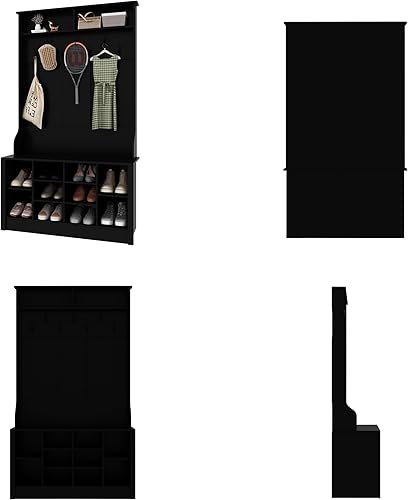 Miniatura 7 de Homsee Moderno árbol de pasillo con banco de almacenamiento, banco de entrada 4 en 1 con perchero, árbol alto con 7 ganchos de metal, estantes y 10