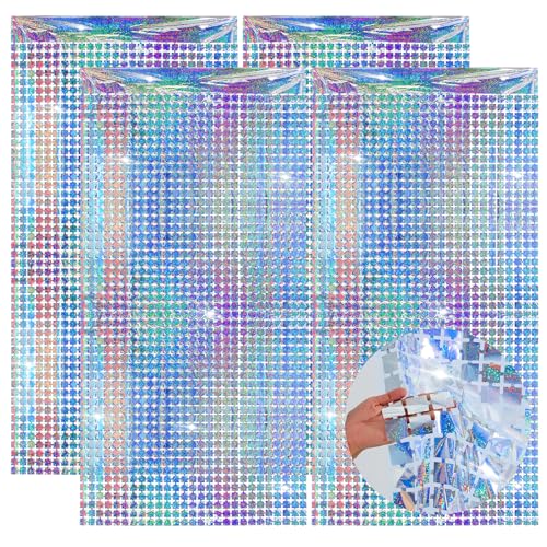 4PCS Foil Fringe Curtain Glitter Silver Block Tinsel Backdrop Disco Backdrop Party Decorations for 70s 80s 90s Theme Disco Bachelorette Iridescent Party Decorations Supplies
