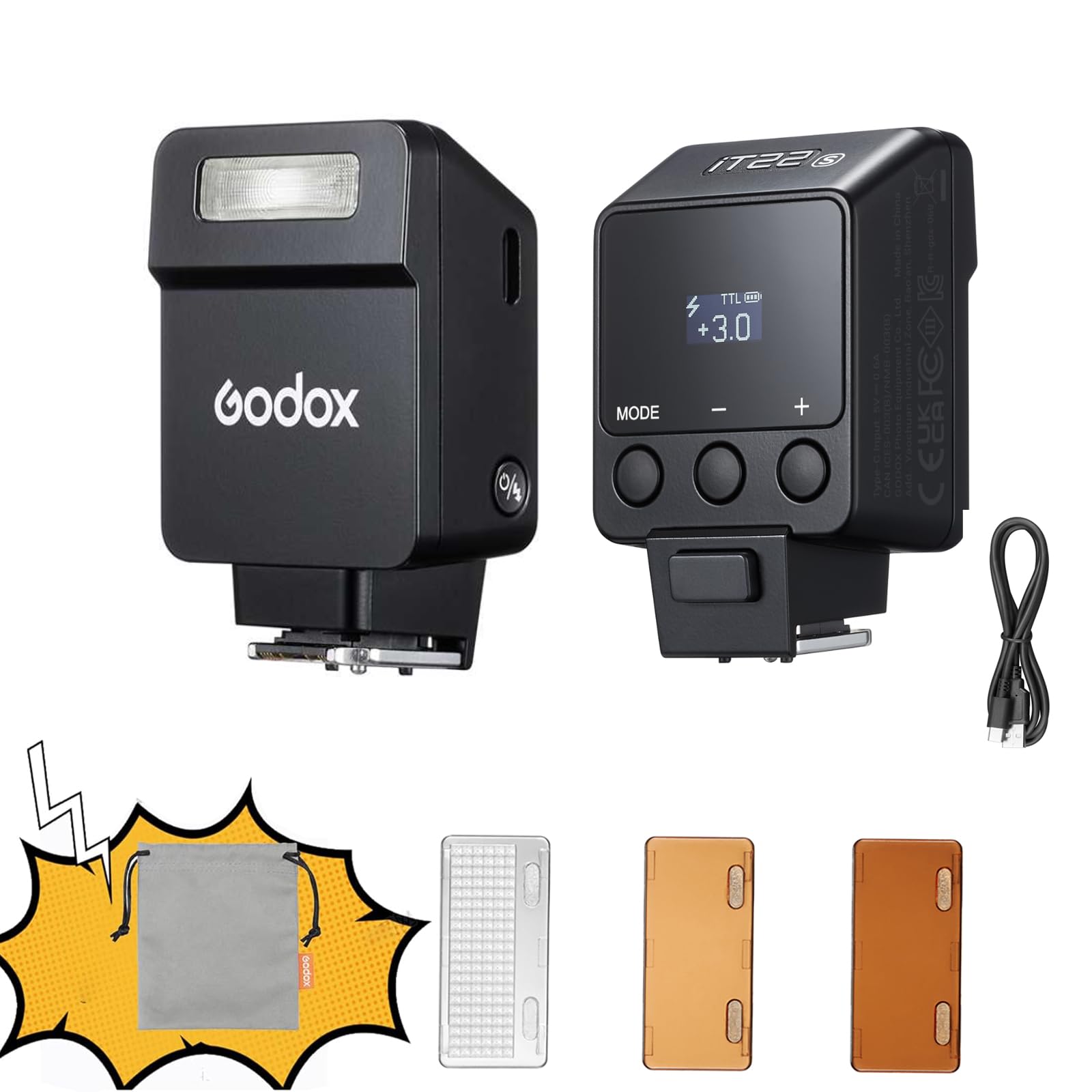 Godox iT22 S Mini TTL Flash Speedlight 700 Tiempo de flash, 1.5s Tiempo de Reciclaje con Filtros de Color Magnéticos para Cámaras Sony (Negro, S)