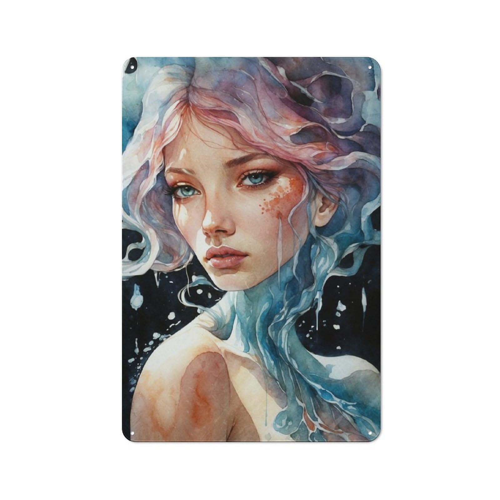 Junmoney Mermaid In Watercolor Vintage Printed Metal Sign 30X20cm For Bar Or Restaurant, For Restaurant Interior Fans