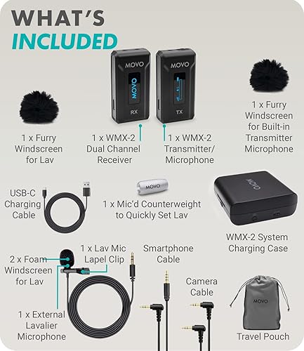 Miniatura 7 de Movo WMX-2 Micrófono inalámbrico para cámara con estuche de carga, micrófono Lavalier para cámaras DSLR, Vlogging, creación de contenido, cine