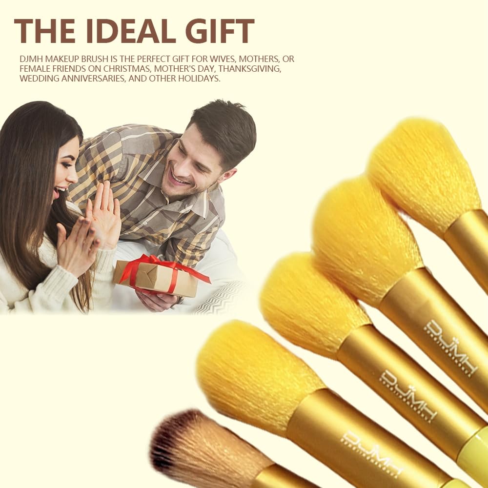 DJMH - Set di 13 pennelli da trucco con custodia, pennelli da trucco professionali con custodia in pelle (giallo)
