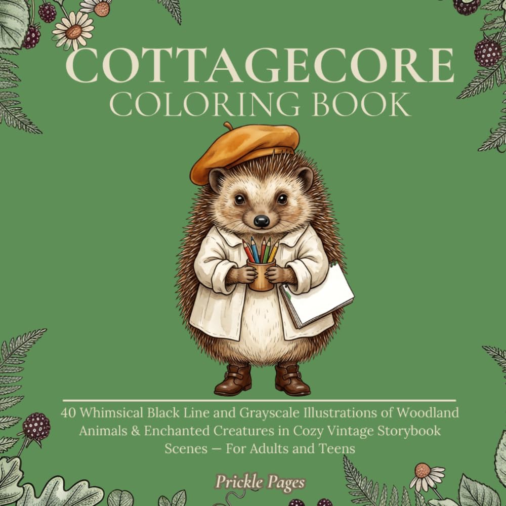 Cottagecore Coloring Book: 40 Whimsical Black Line and Grayscale Illustrations of Woodland Animals & Enchanted Creatures in Cozy Vintage Storybook Scenes — For Adults and Teens