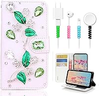 Vista 6 de STENES Bling - Funda de piel tipo cartera compatible con iPod Touch 7ª generación (2019), diseño de flores y mariposas en 3D hechas a mano, con Azul