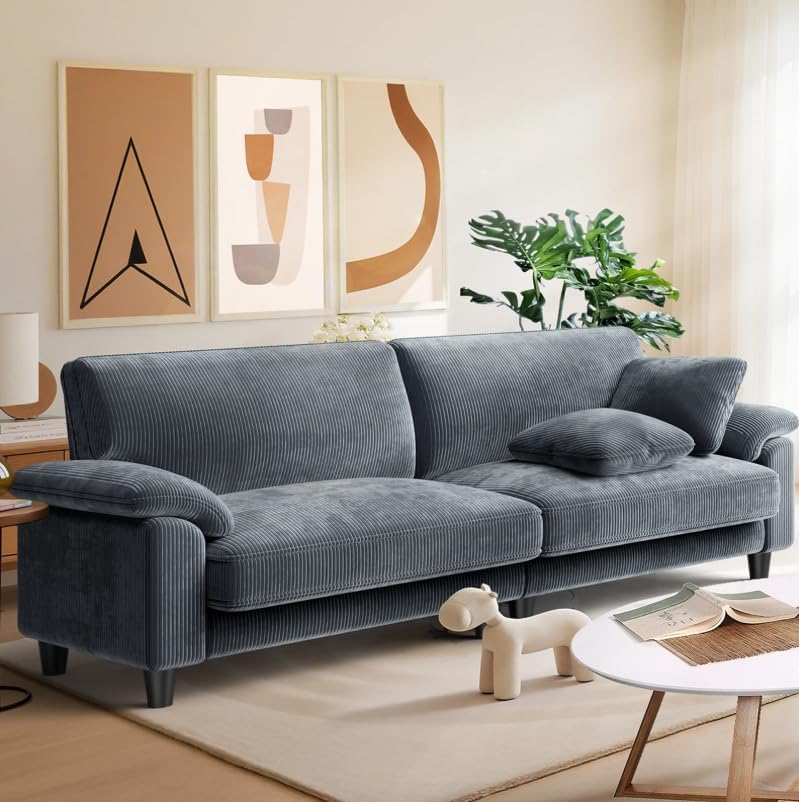 83" Corduroy Sofa Loveseat with Deep Seat Comfy Upholstered Couch Tool-Free Setup 2 Pillows (Gray)