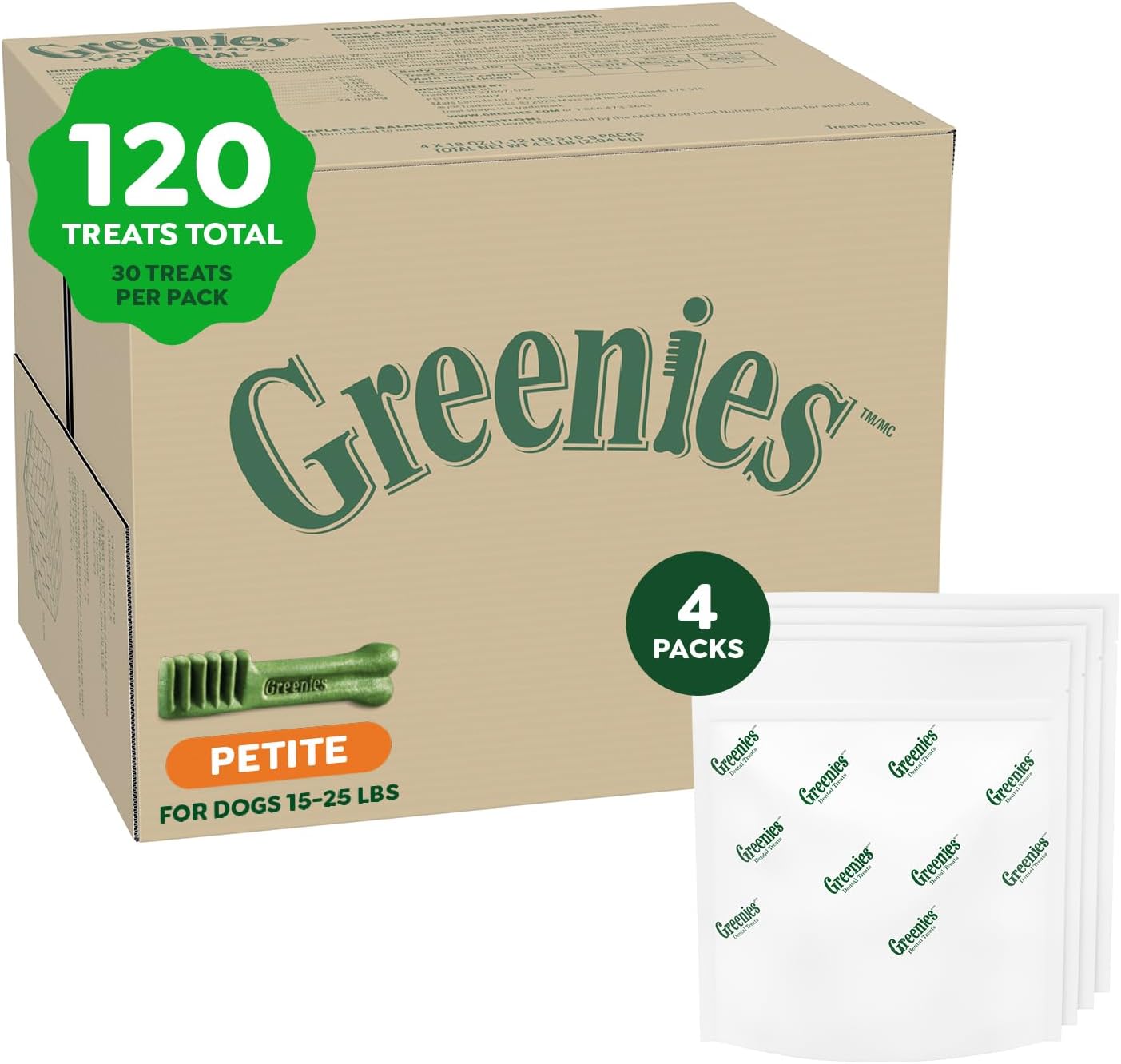 Greenies Veterinarian-Recommended Adult Natural Dental Dog Treats Petite Size, Original Flavor, (4) 30 ct Packs (120 Treats)