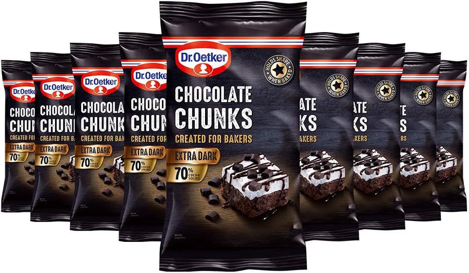 Dr. Oetker Extra Dark Chocolate Chunks, 100g each, Pack of 9 - large cooking chocolate chip sprinkles for cakes, cupcakes, decorations, sprinkles on birthday cakes