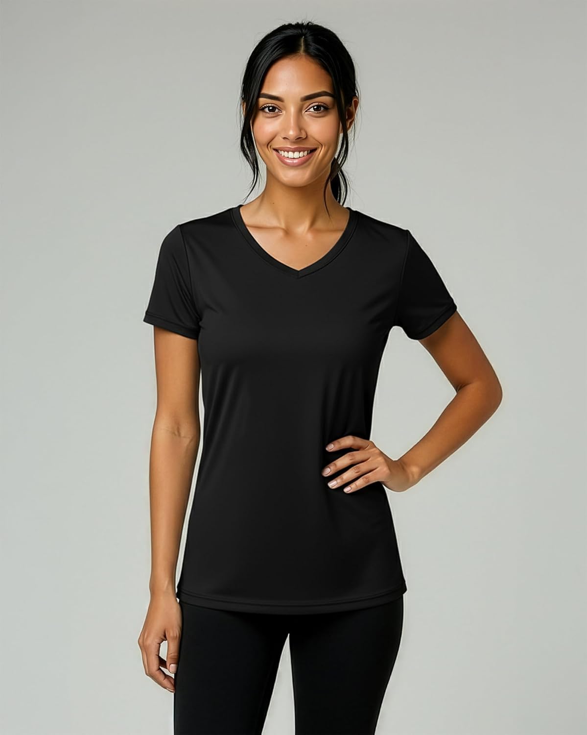 Real Essentials 5 Pack: Women's Dry Fit Short Sleeve V Neck Workout Top - Fitness Gym Athletic Yoga T-Shirt (Plus Available) - Image 2