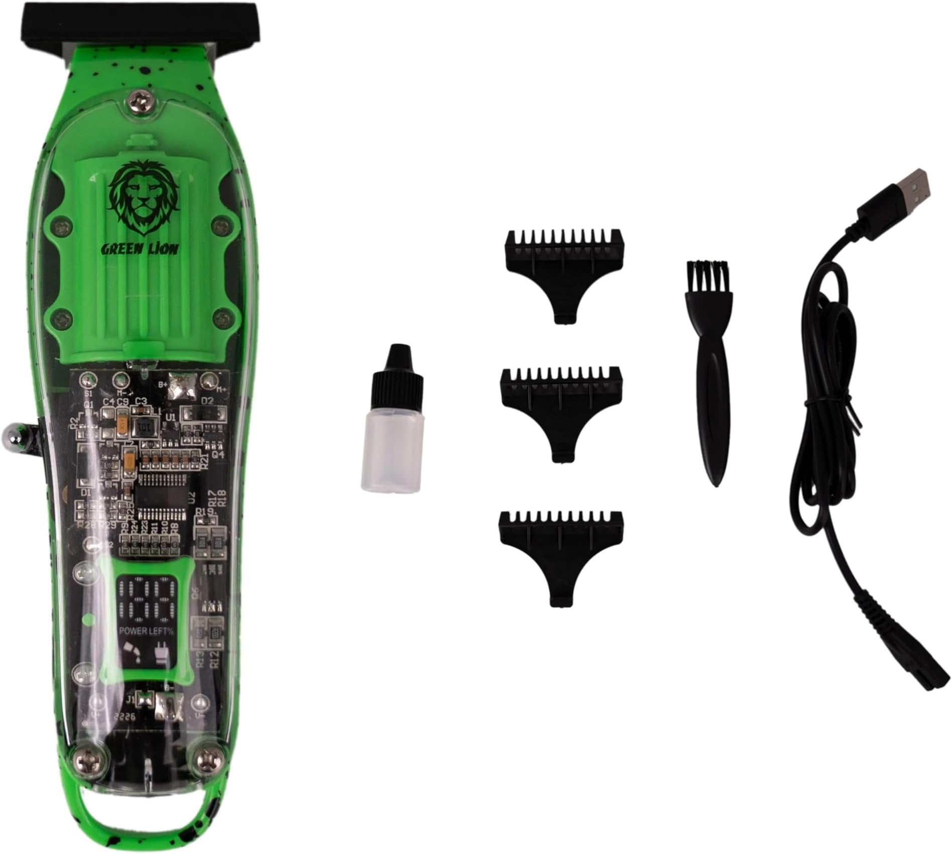 Green LionTransparent Pro Hair Trimmer 6000RPM Speed, 1400mAh Battery Capacity USB Charging, 5W Power, Fast Shave, Convenient and Compact Design, 3 Brushes 2,3,4mm (Green)