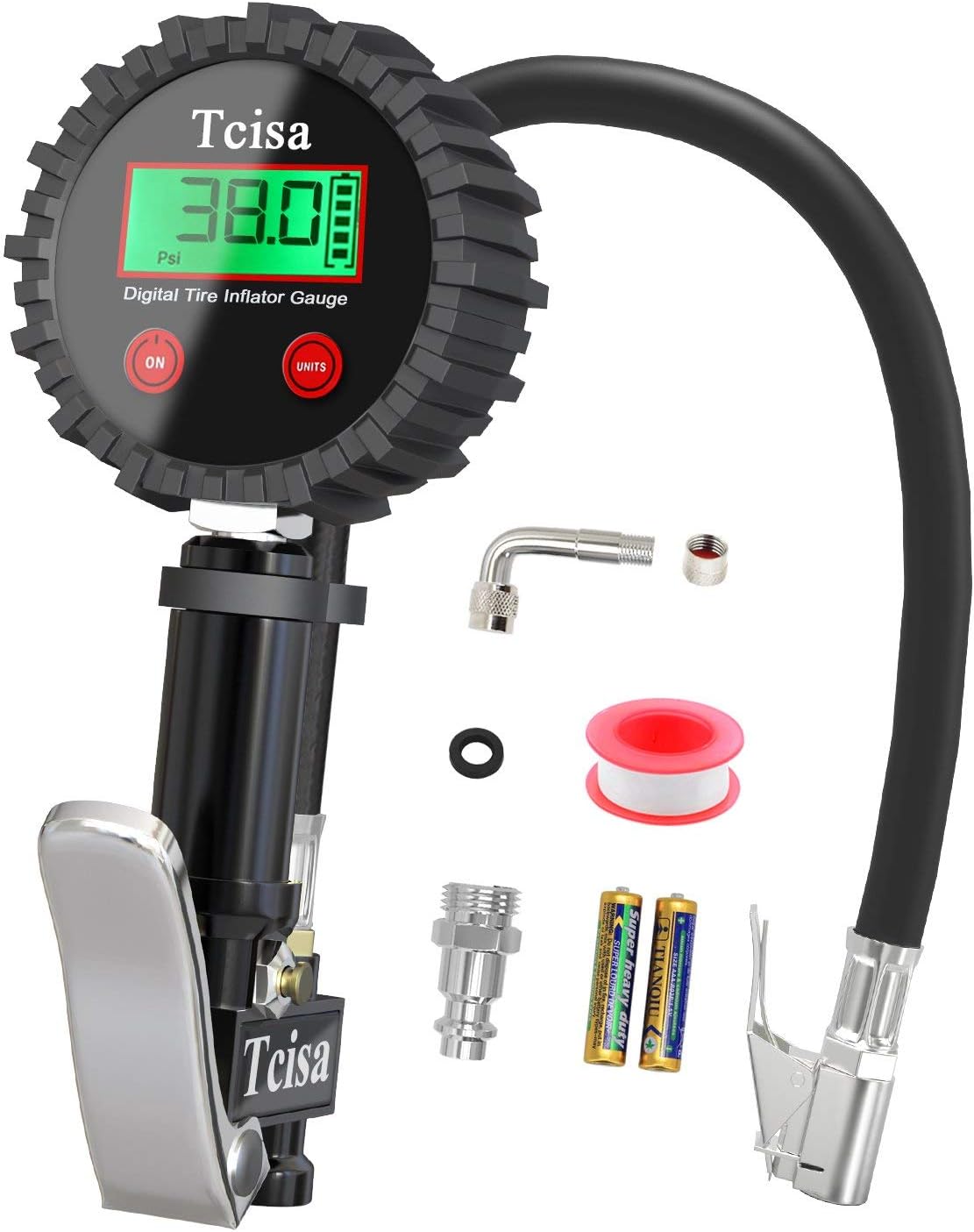 Tire Inflator with Pressure Gauge - Digital Heavy Duty 200 PSI Air Pressure Gauge with Leakproof Air Chuck Valve Extender Rubber Air Hose Quick-Connect Fitting