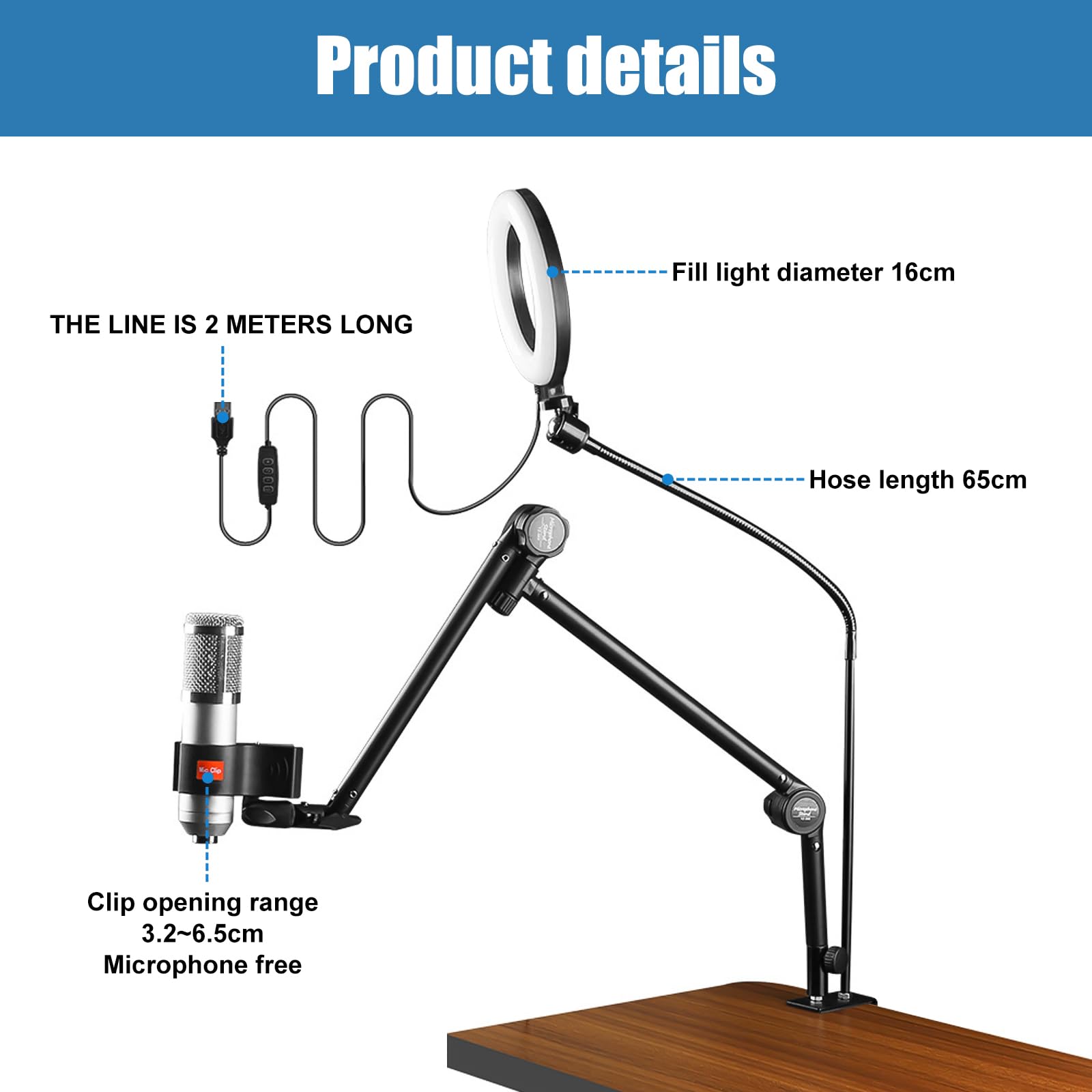 Beowanzk Professional Microphone Stand with 16cm Ring Light and 360° Rotatable Arm, Black - Image 3