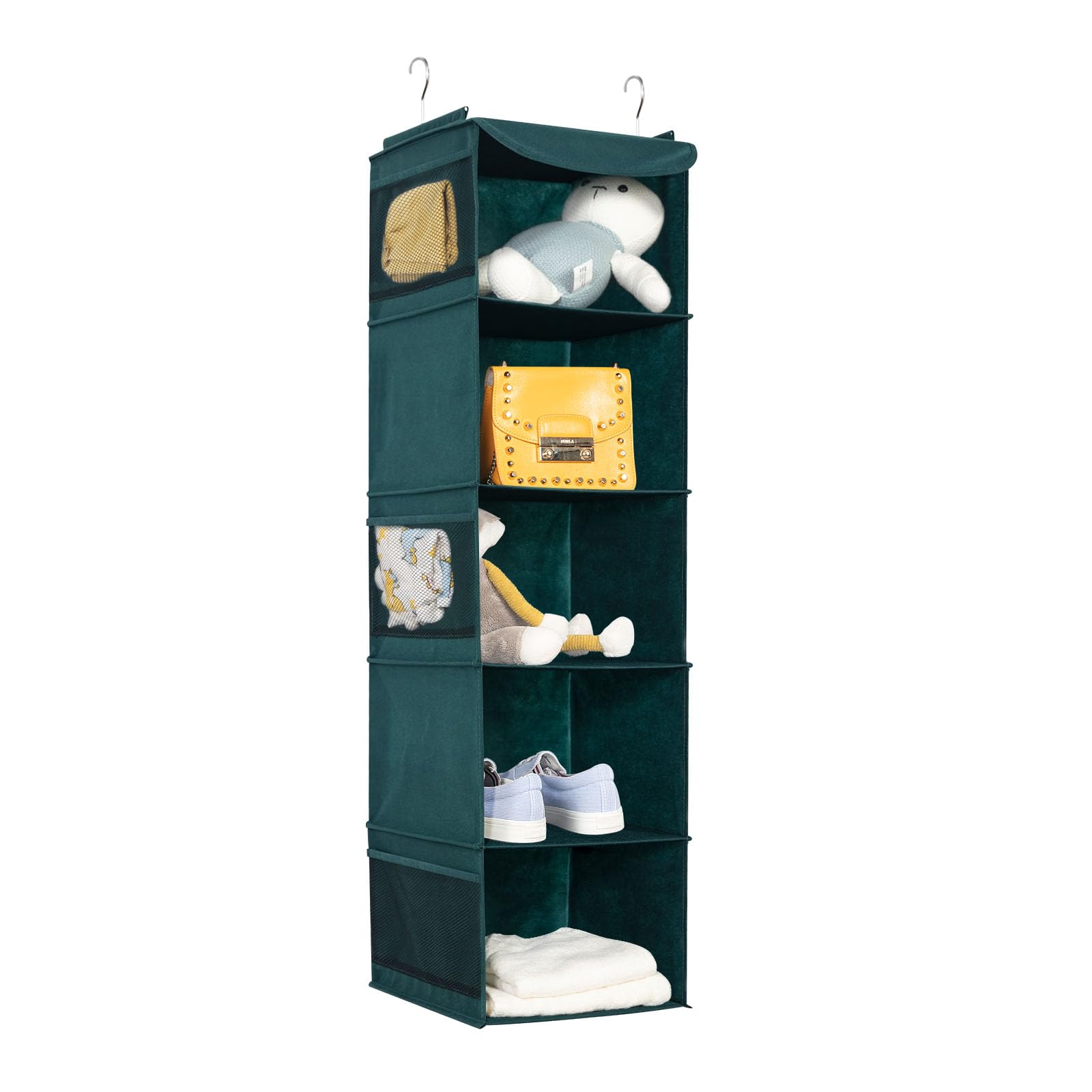 BrilliantJo Hängeregal, Hängeaufbewahrung mit 5 Fächern, Hängeorganizer mit Metallhaken, Schrankorganizer Aufbewahrungssystem für Kleiderschränke Camping, 30 x 30 x 108 cm Dunkelgrün