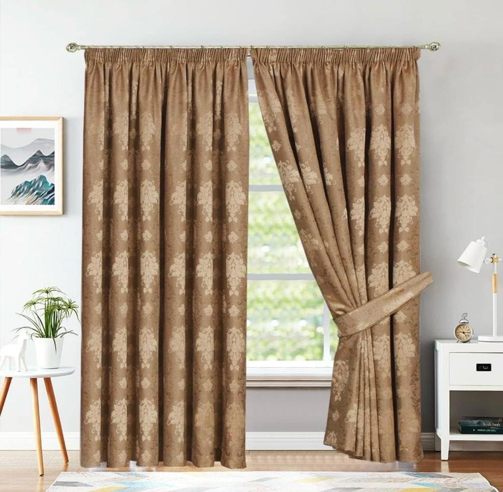 Virginia Pencil Pleat Jacquard Curtains: Fully Lined, 2 Panels with Matching Tie Backs Multiple Sizes,Elegant Bedroom & Living Room Decor,Premium Polyester Material. (Coffee, W 46" x L 54 ")