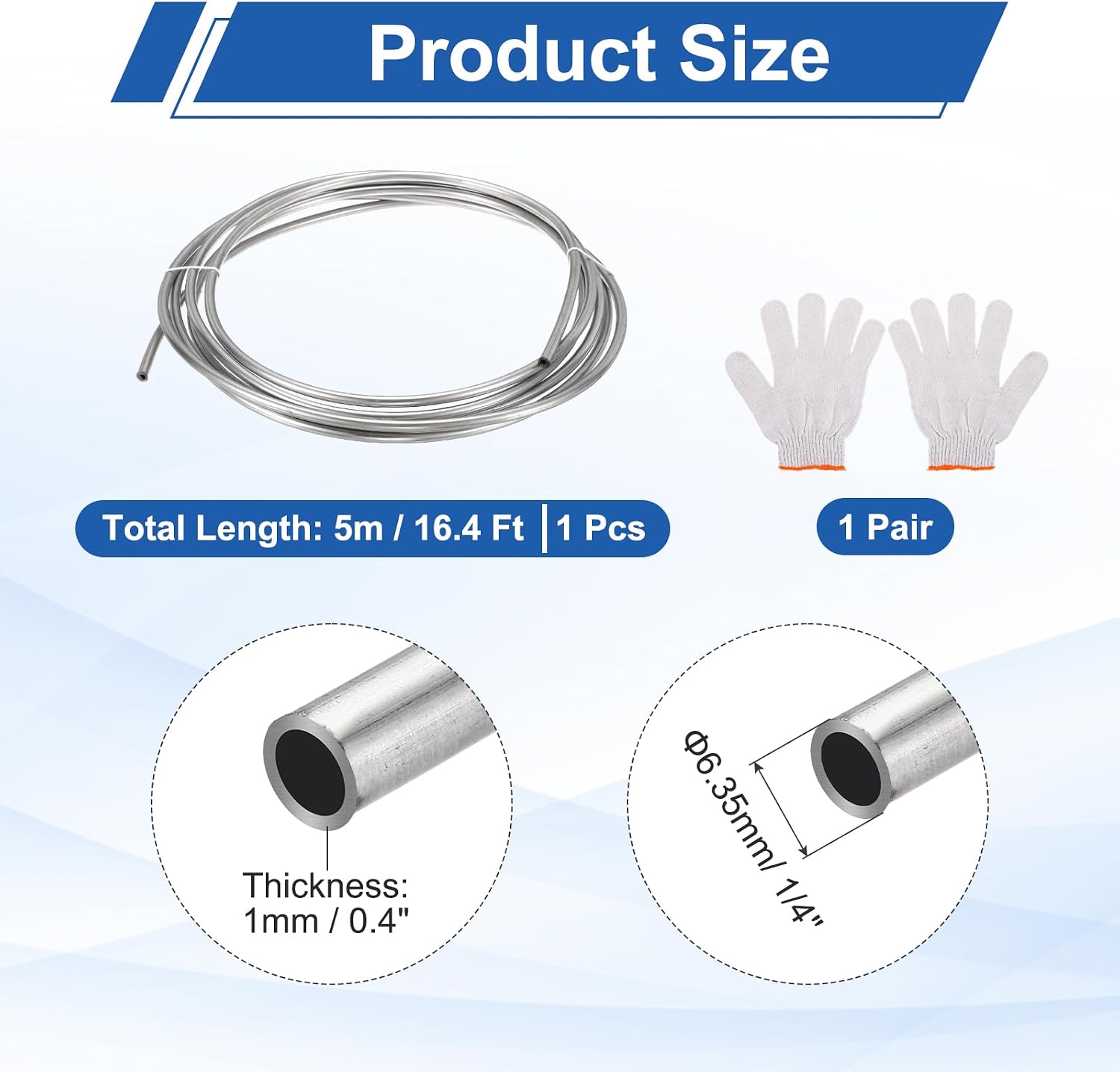 uxcell Stainless Steel Tubing Coil, 1/4" OD x 16.4 ft Industrial 304 Stainless Steel Welded Tubing with Gloves, Silver Tone 0.04"Thickness