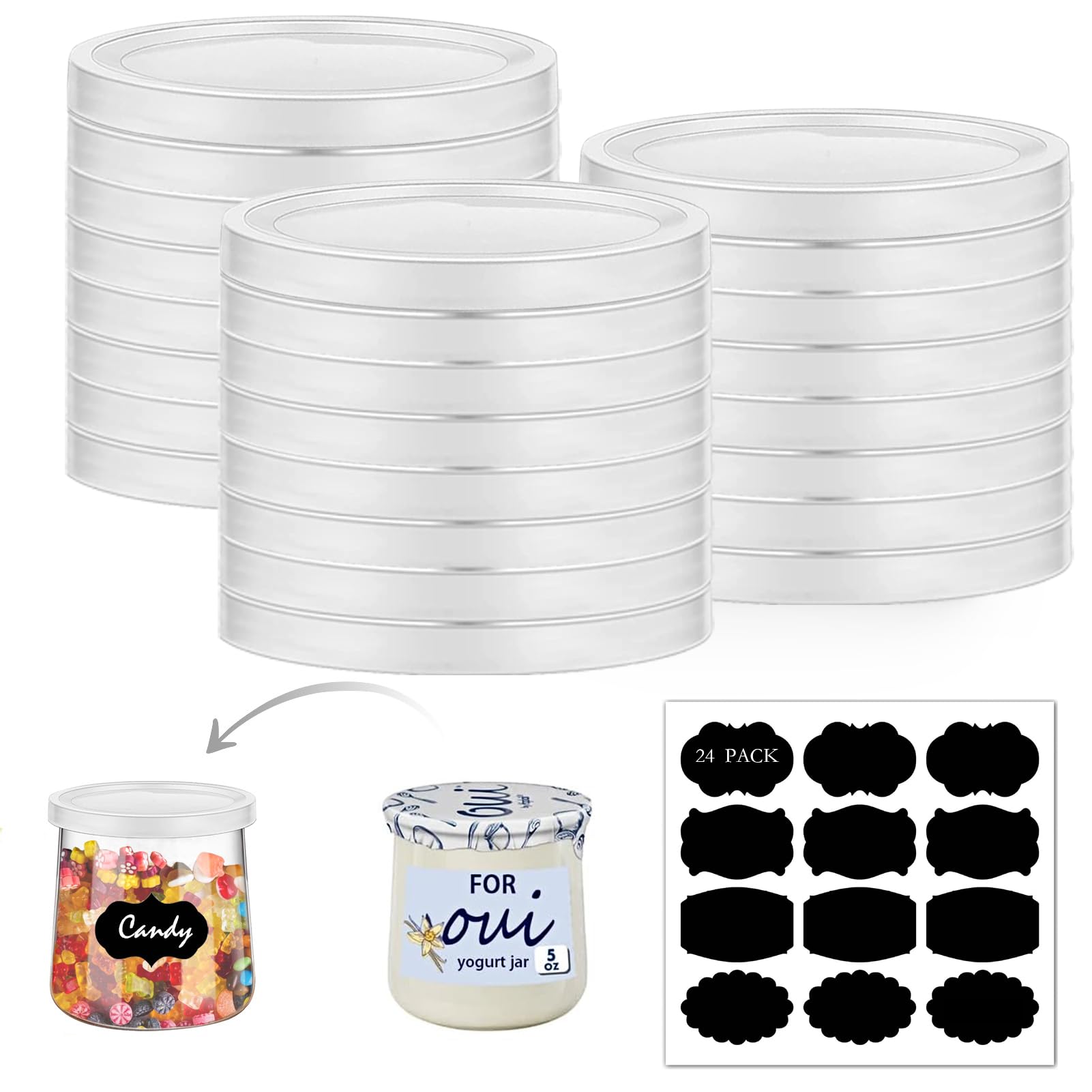 Oui Yogurt Jars Lids, 24 pcs Plastic Yogurt Container Jar Lids Sealed against leaks Replacement Lids Covers with label for Yoplait Oui Yogurt Glass Jars (24pcs+label)