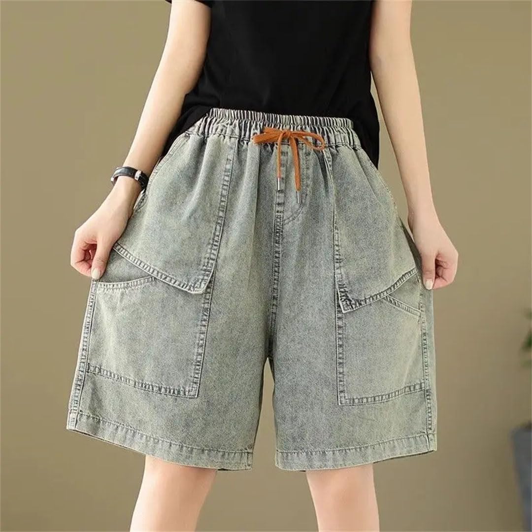 Odzież damska Elastyczny pas Cienkie Jeansy Szorty Slim All-Match High Waist Pocket Lacing Spodnie, NIEBIESKI, XL
