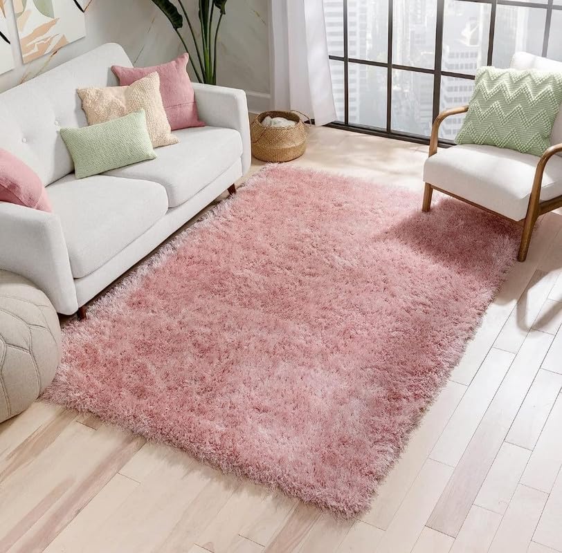Image of Polyester Fluffy Fur Rugs & Modern Shaggy Floor Carpets for Living Room,Sofa Area,Hall,Kids Room,Guest Room | Elegent Bedside Runners for Besdroom(5X8 Feet Pink)