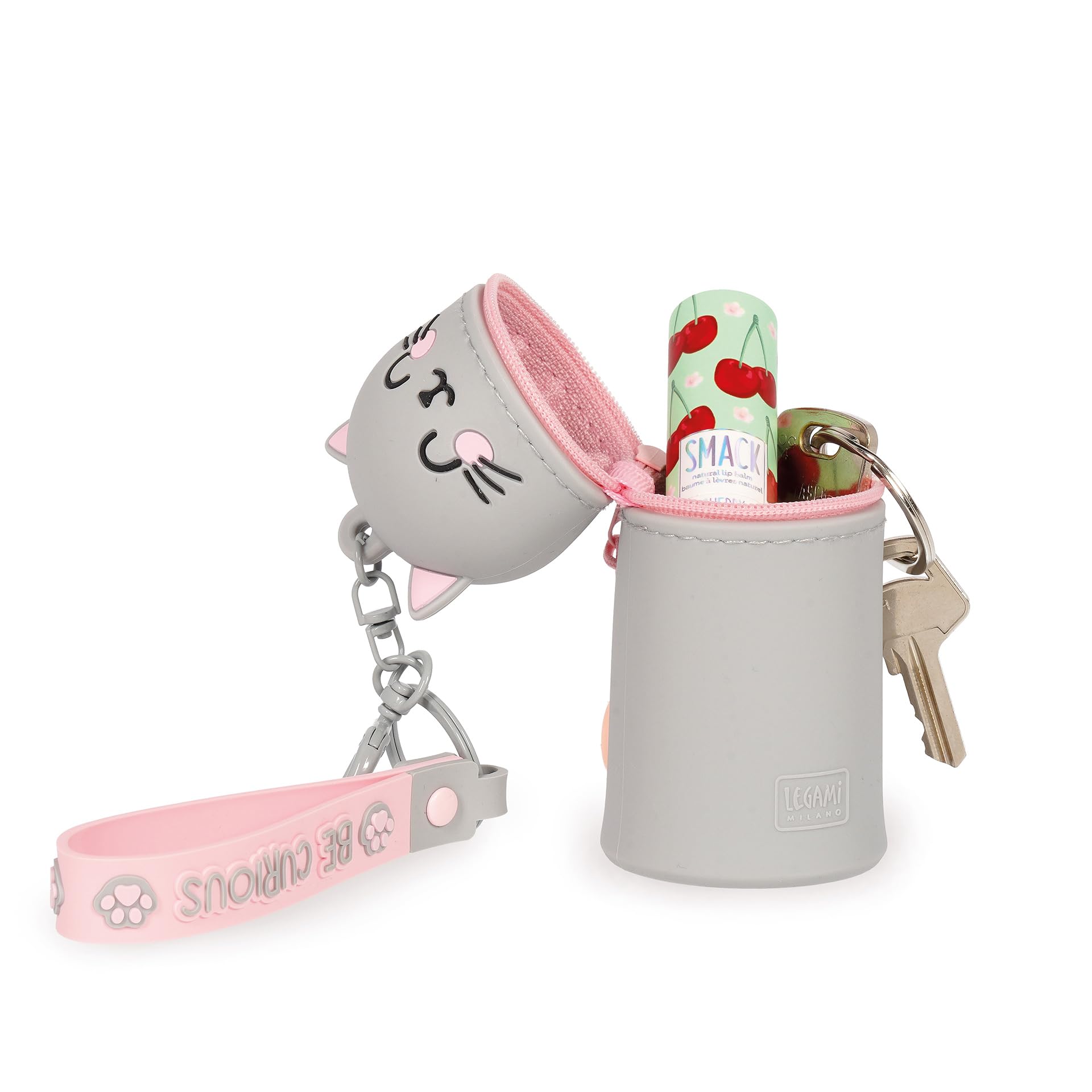 Legami Kawaii Mini Kawaii Portmonetka z motywem Kitty, z pierścieniem spiralnym, karabińczykiem i paskiem na rękę, silikonowa, 5 x 12 x 5 cm