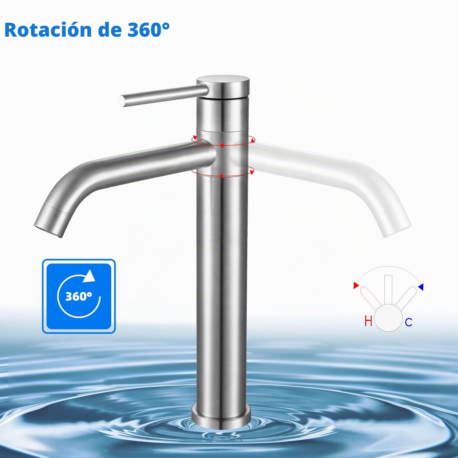 Grifo de lavabo Baño,Alto Caño Grifo Lavabo,Grifo Monomando giratorio de 360°,Agua Fría y Caliente Disponible,Cepillado,5M2OK-T