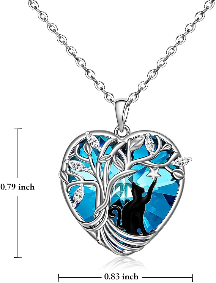 Fenthring Black Cat Necklace for Women Sterling Silver Tree of Life Crystal Cat Pendant Necklace Heart Cats Jewelry Charms Friendship Memorial Valentines Christmas Gifts