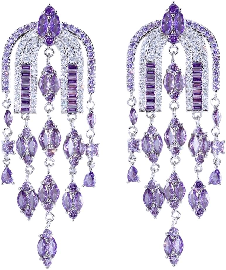 Luxury Purple Cubic Zirconia Chandelier Tassel Dangle Earrings, Long Drop Style for Wedding, Bridal, Prom Jewelry