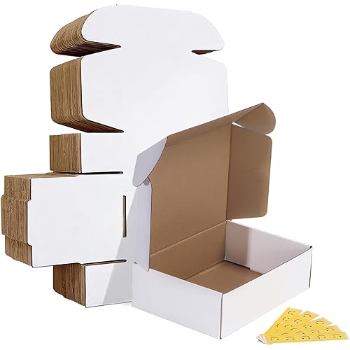 HORLIMER 10x7x3 inches Shipping Boxes Set of 25, White Corrugated Cardboard Box Literature Mailer, 25 Stickers Included