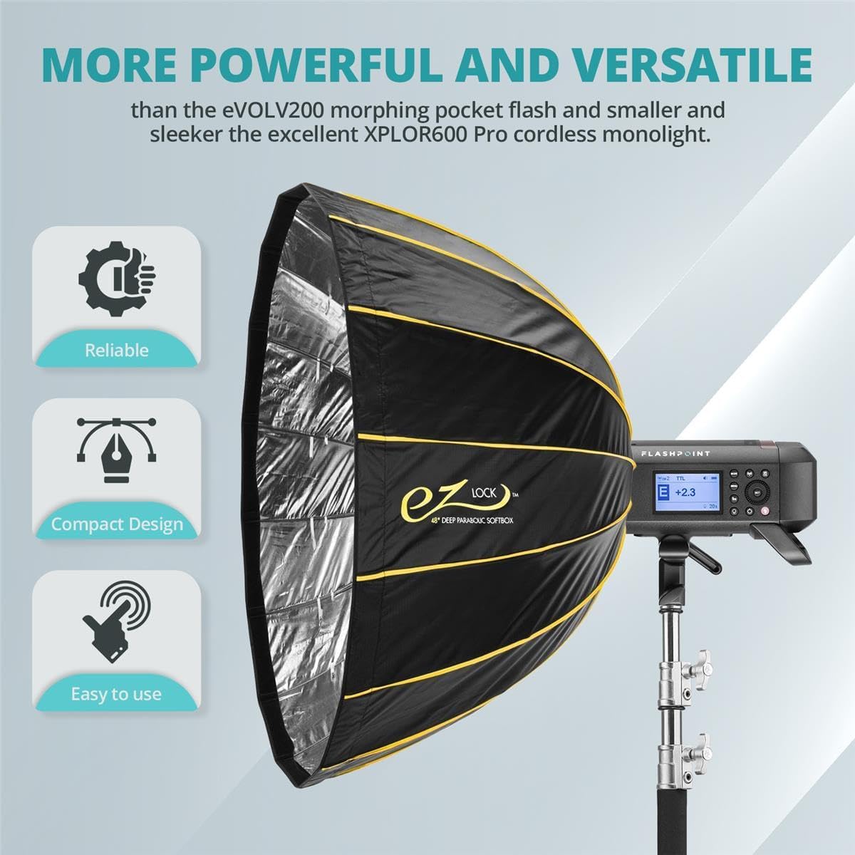 XPLOR 400PRO TTL Battery-Powered Monolight + Flashpoint 10' C (Century) Light Stand Kit w/40in Grip Arm, 2 Gobo Heads and Baby Pin (Chrome) + Glow EZ Lock Deep Parabolic Quick Softbox (48in)