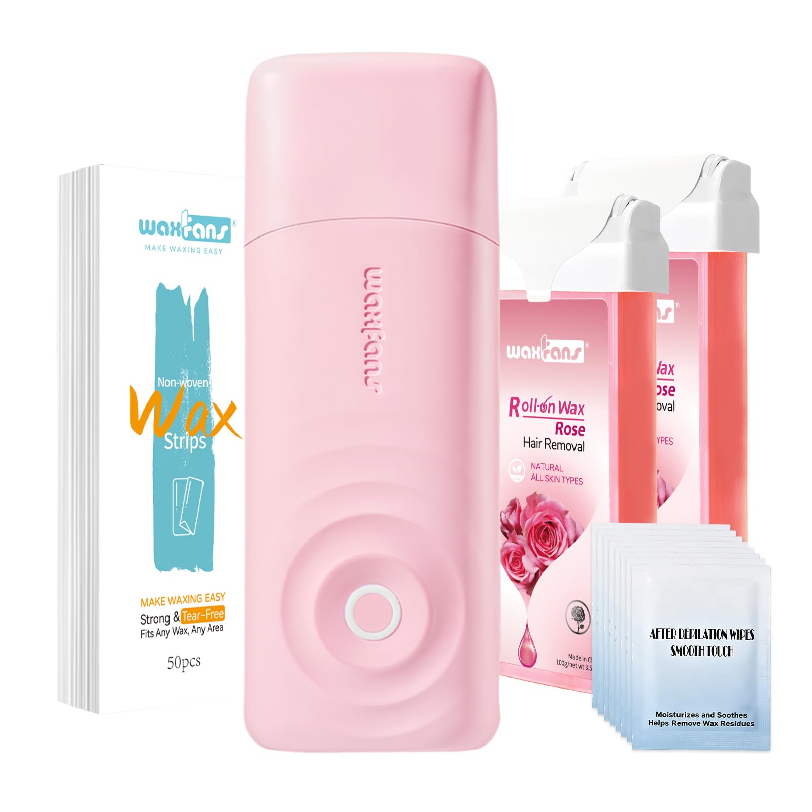Roll On Waxing Kit zur Haarentfernung - At-Home Body & Face Wax Kit für Frauen & Männer mit 2 Honigwachs Nachfüllung & 50 Streifen, Enthaarungs-Kit für Beine, Arme, Bikini (Rosa)