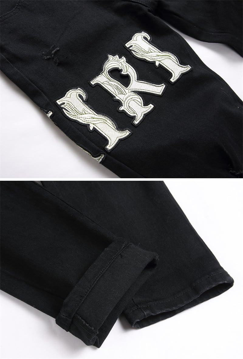 Vaqueros Hombre Slim Fit Rasgados – Vaqueros Negros de Mezclilla Elástica con Diseño Moderno y Versátil, Inspiración Y2K Streetwear Hip-Hop para un Look Urbano y Actual