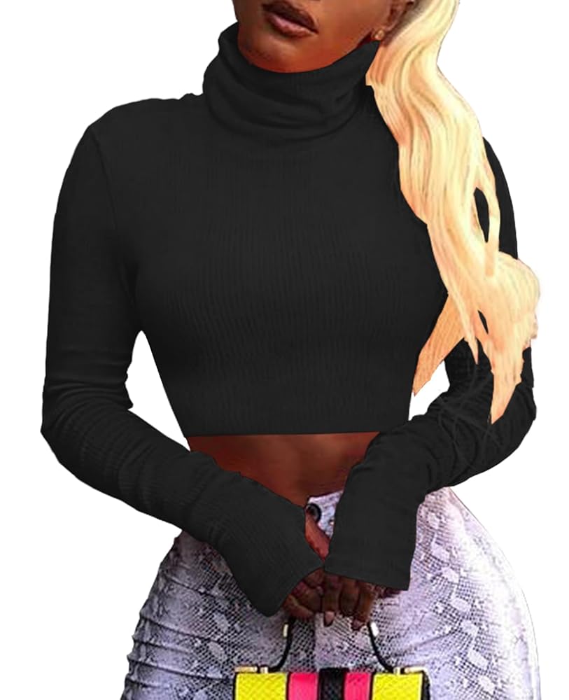 Artfish Women Long Sleeve Turtleneck Crop Tops Neon Ribbed