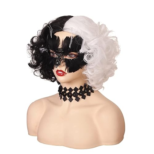 Miniatura 6 de Peluca corta mitad negra, mitad blanca, rizada, con collar y máscara, para mujer
