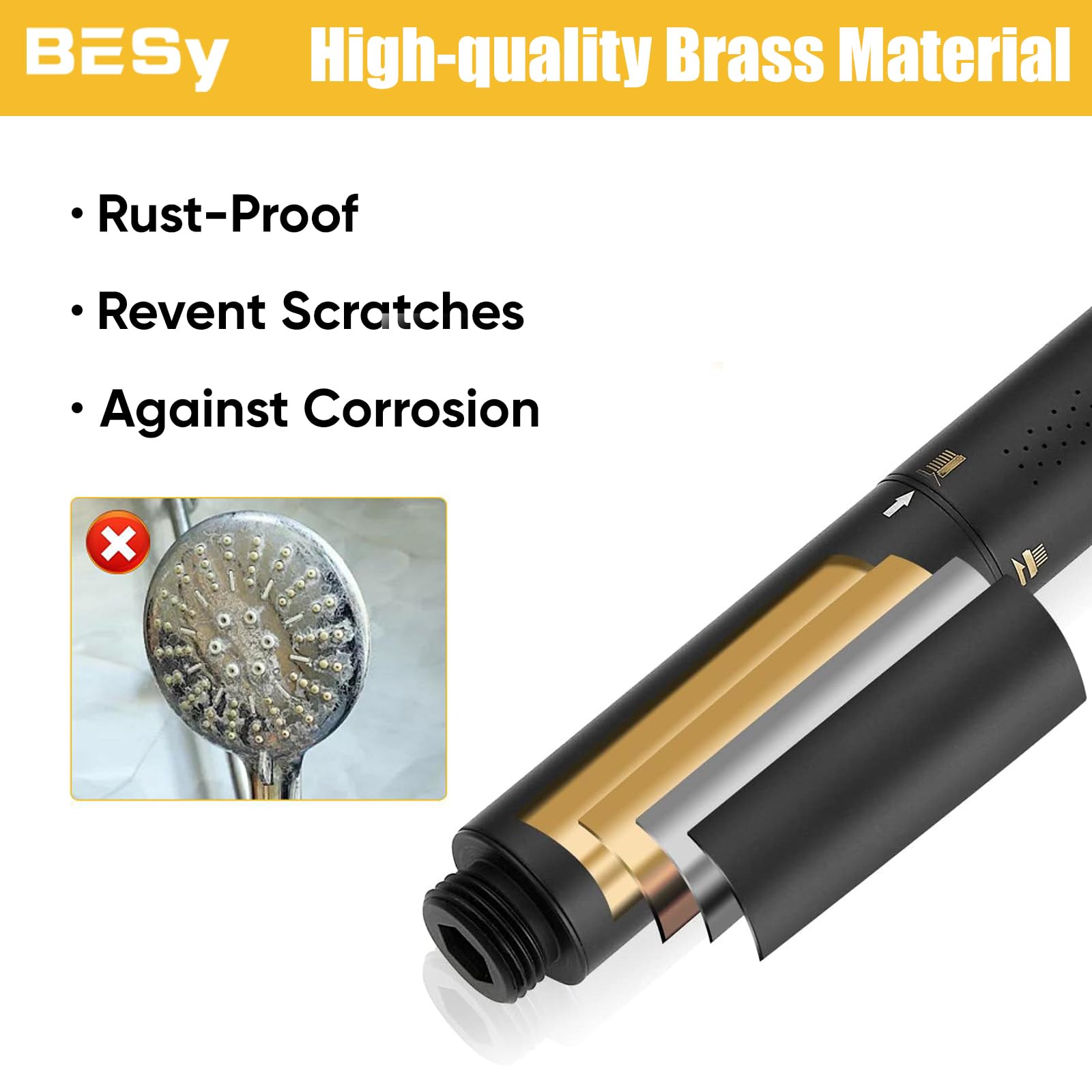 BESy Cabezal de ducha de mano 2 en 1 de latón con función filtrada, cabezal de ducha de alta presión con filtro de alto flujo con soporte de manguera de 59 pulgadas para agua dura, negro mate