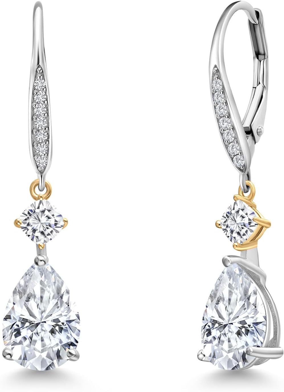 Gem Stone King 925 Silver and 10K Yellow Gold Gemstone Birthstone Moissanite and Lab Grown Diamond Drop Dangle Earrings for Women | Pear 10X7MM | Cushion 3.5MM | 2-Tone Leverback Fine Earrings