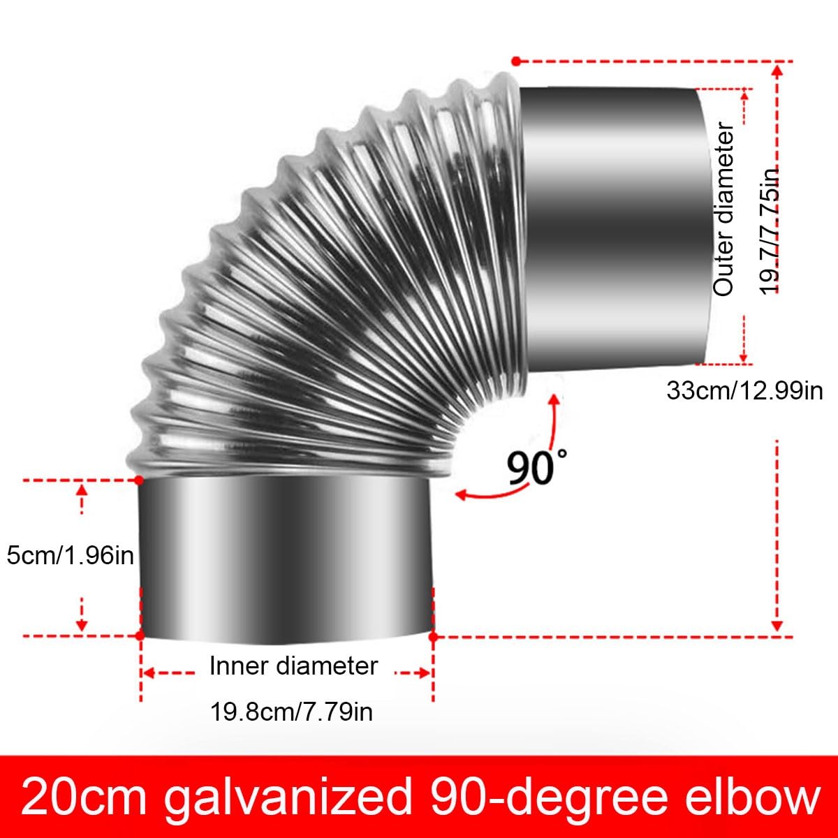 Codo de tubo de humos de estufa de acero galvanizado de 90 grados for chimenea y calentador de agua, 100-200 mm(200mm)