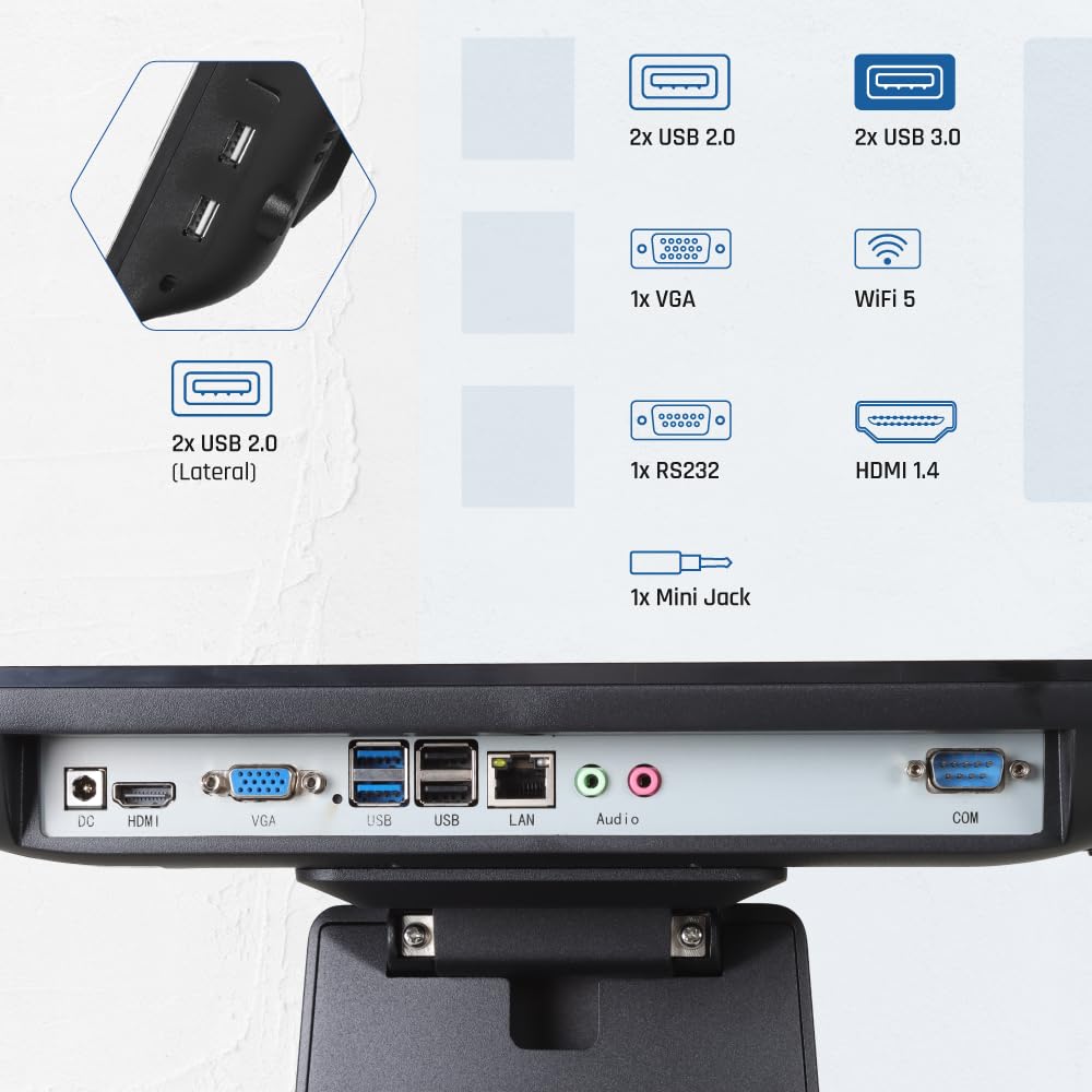iggual TPV AIO 15,6" WiFi -Monitor Táctil Capacitivo,16:9 - Sin Sist. Operativo -Procesador Intel® N100 3,4 GHz- SSD 128GB+RAM 4GB -Bluetooth 5.1, HDMI, VGA, USB- Todo en Uno- Apto Verifactu.Negro