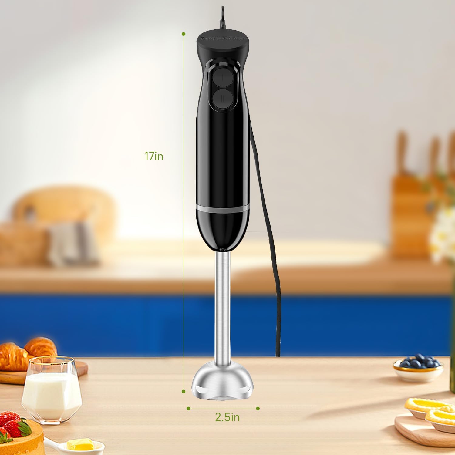 Bonsenkitchen Hand Blender, Immersion Blender with 2 Mixing Speeds, Portable Electric Stick Mixer, Stainless Steel Blades, Perfect for Soup, Smoothie, Puree, Baby Food, Easy Clean, Compact Design