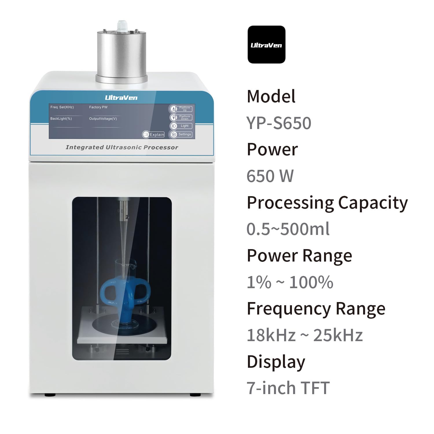 Ultrasonic Tissue homogenization,Ultrasonic Lysis,ultrasonic Homogenization,Power 650W Crushing Capacity 0.5-600ml,YP-S650,Frequency 18~25kHz,Electric Lift,Built-in Lighting,with Temperature Probe