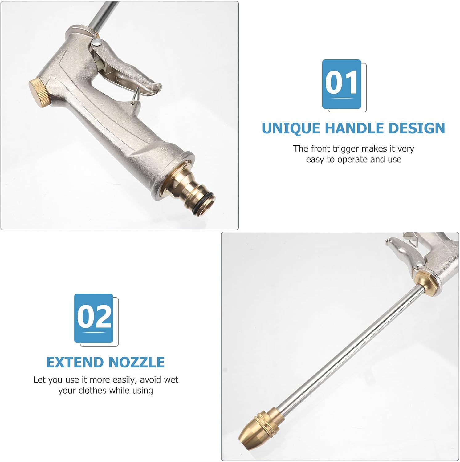 Long Nozzle Hand Sprayer for Garden Hose Car Wash, Silver