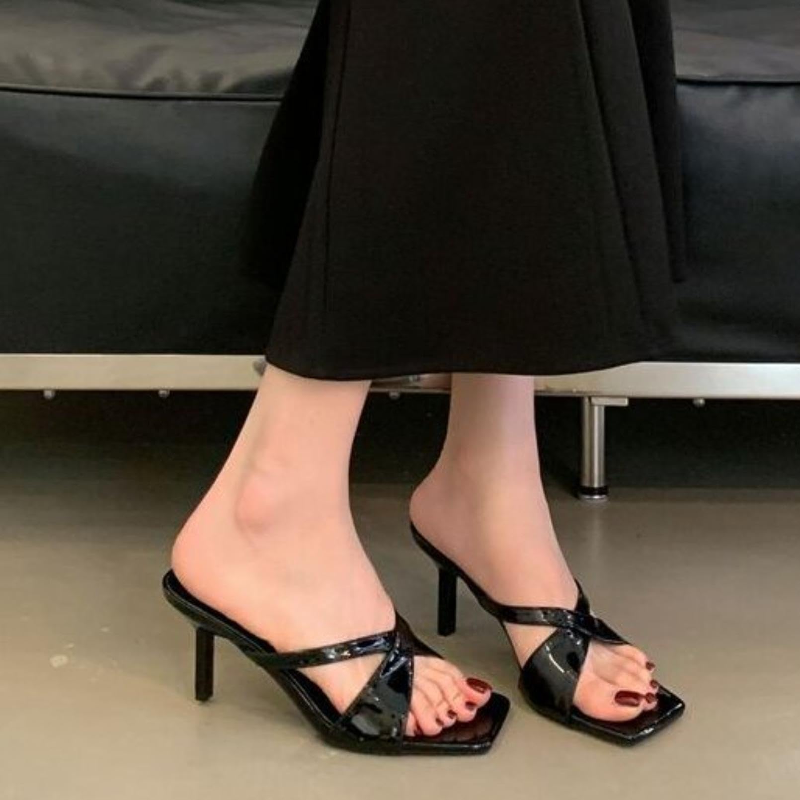 Zapatos De Tacón Mujer Sandalias Verano Punta Cuadrada Tira Ancha Cruzada