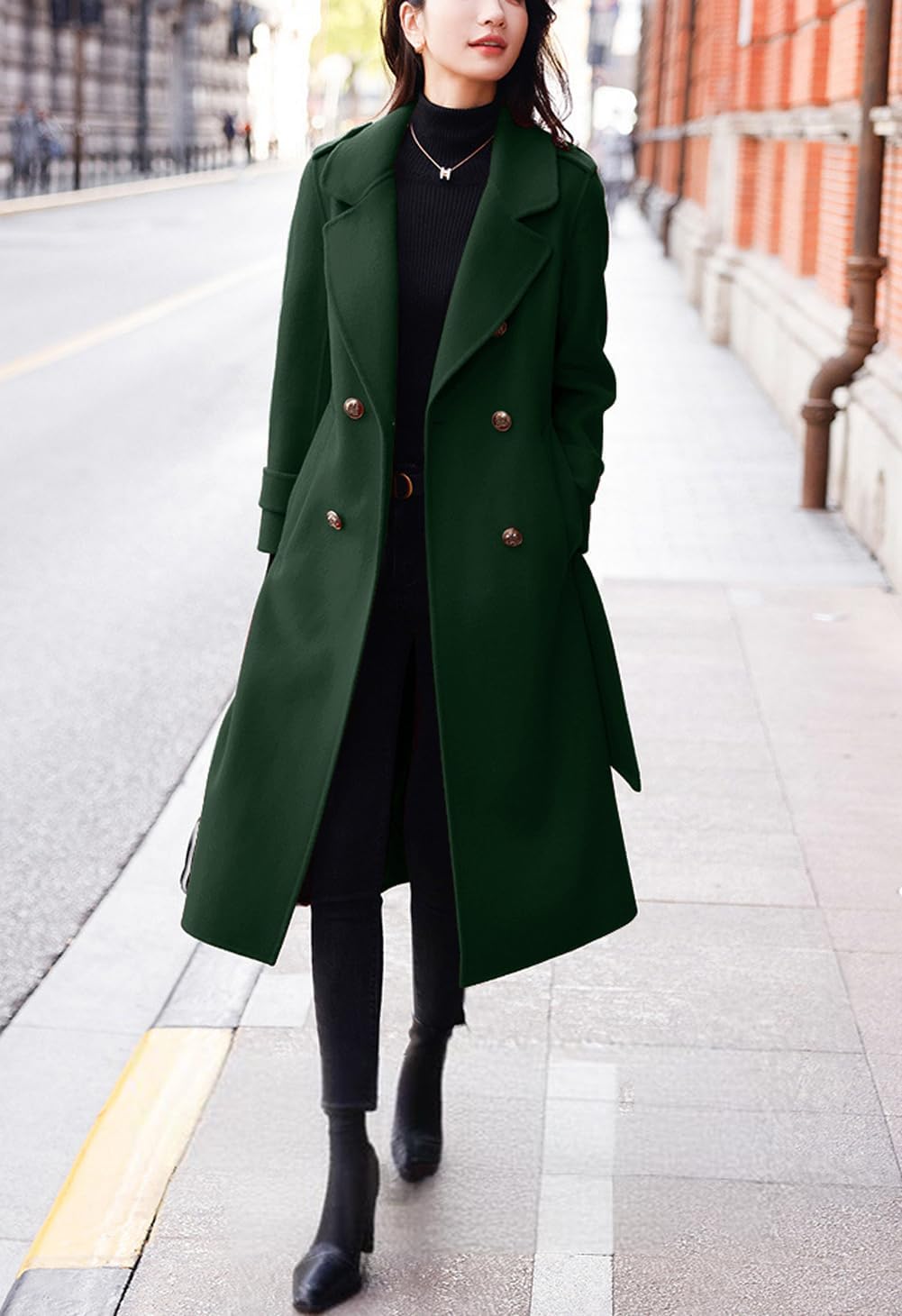 chouyatou Women's Winter Belted Wool Coat Double Breasted Midi Long Casual Trench Dressy Peacoat