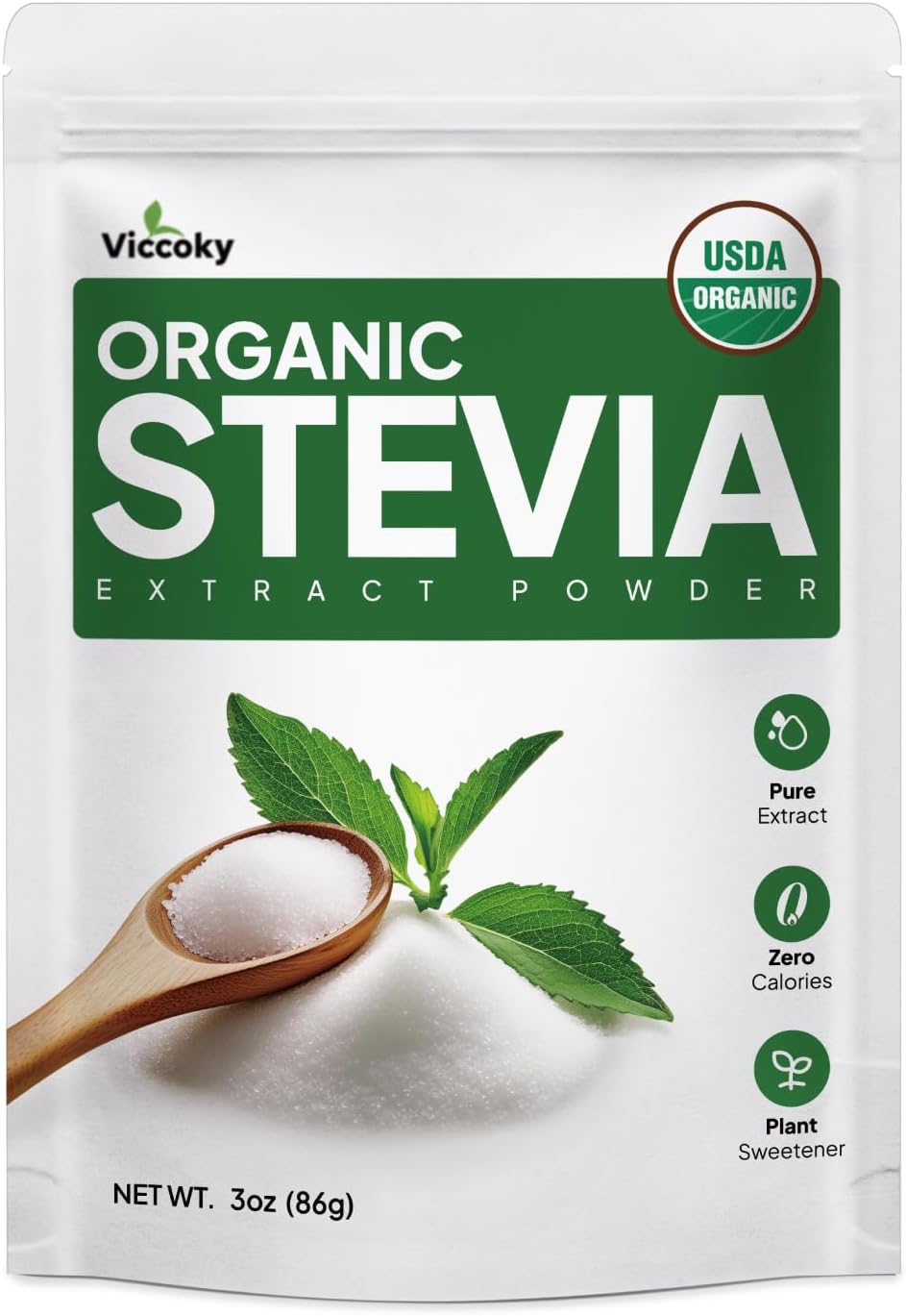Viccoky Organic Stevia Powder 3oz (86g), Pure Stevia Extract Powder, Sugar-Free & 0 Calories, No Additives, Sugar Substitute, Natural Sweetener