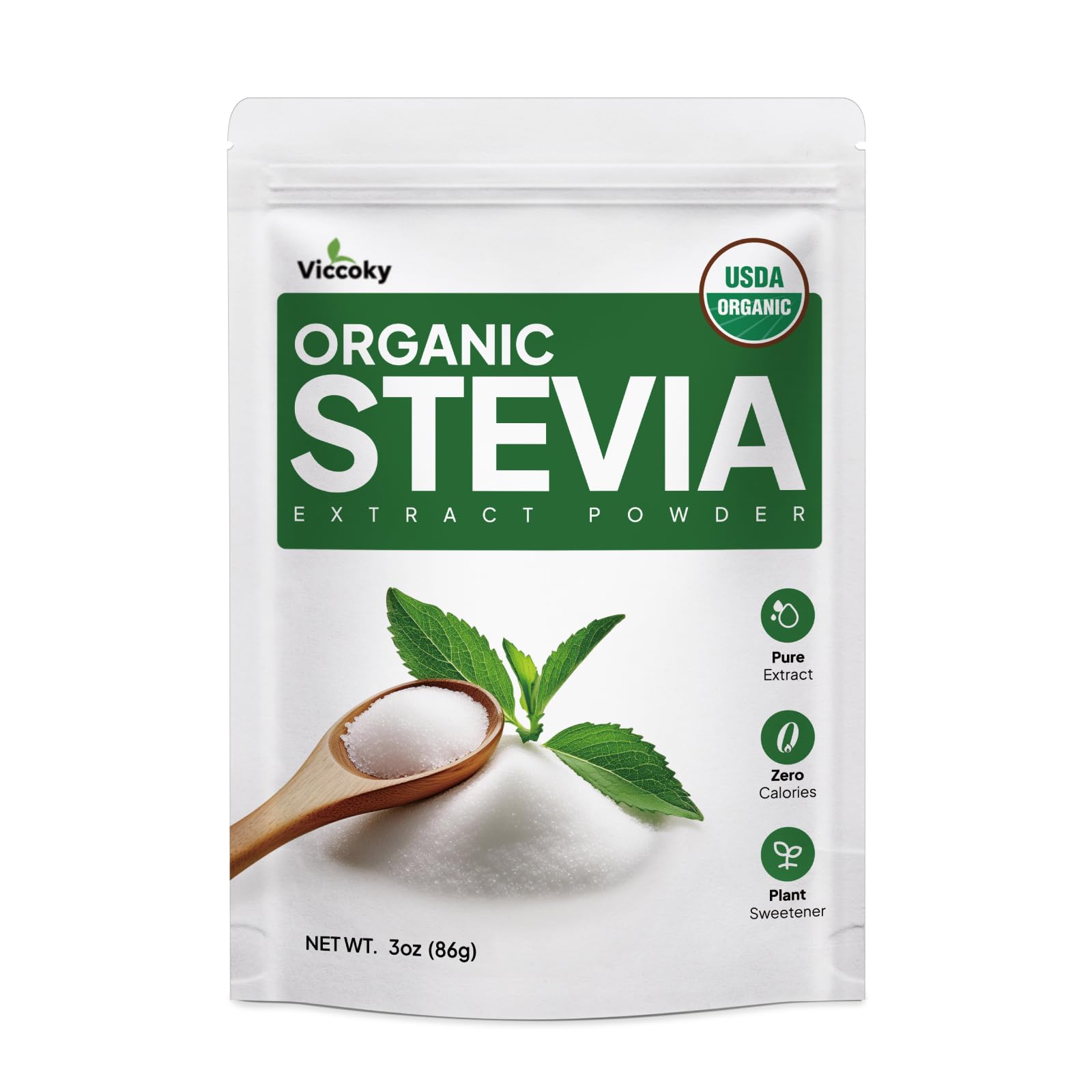 - Viccoky Organic Stevia Powder 3oz (86g), Pure Stevia Extract Powder, Sugar-Free & 0 Calories, No Additives, Sugar Substitute, Natural Sweetener