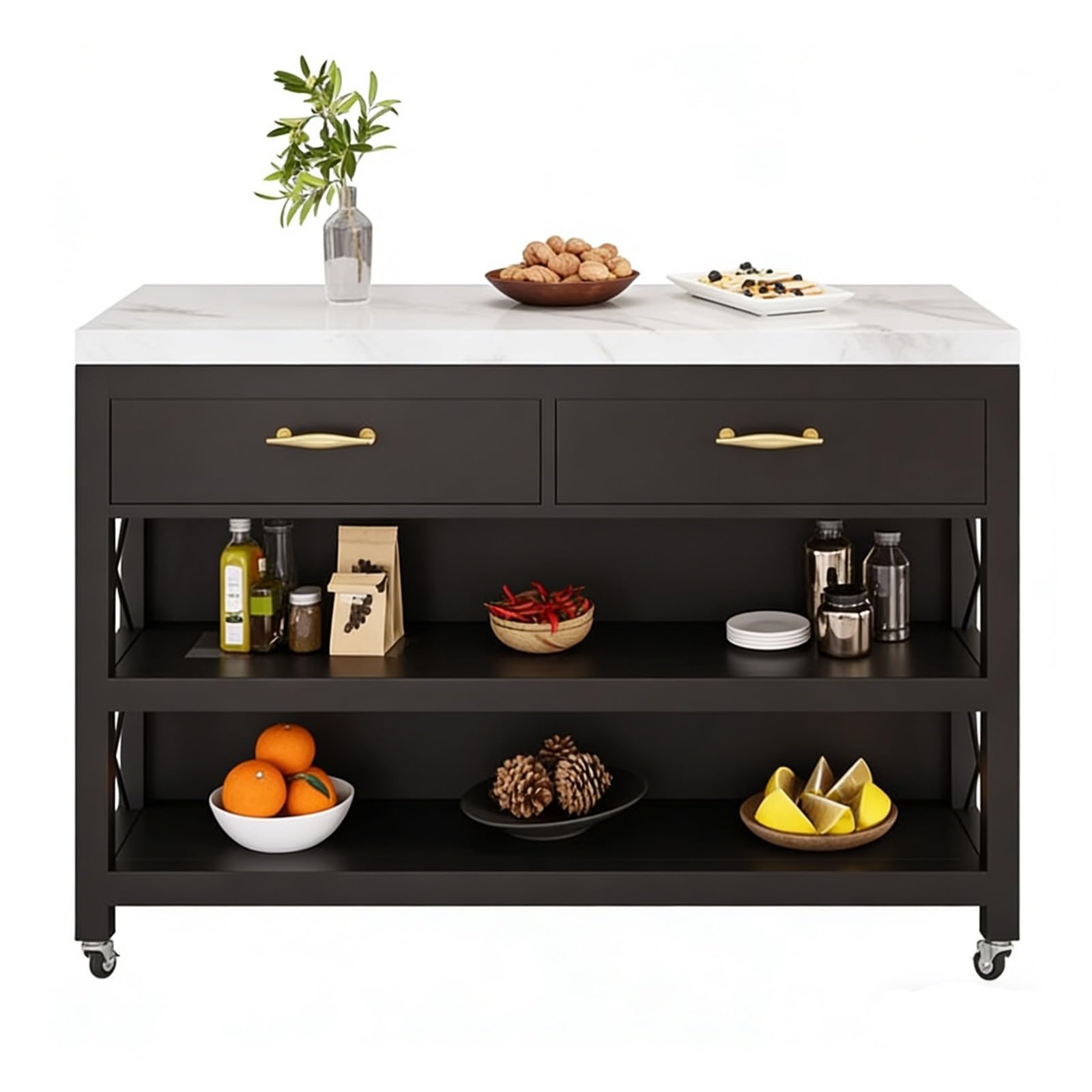 Mobile portaoggetti con cassetti, Carrello for isola da cucina con rotelle, cassetti e ripiani portaoggetti con struttura in metallo e piano in marmo , per riporre la cucina e utilizzare il bancone(M)