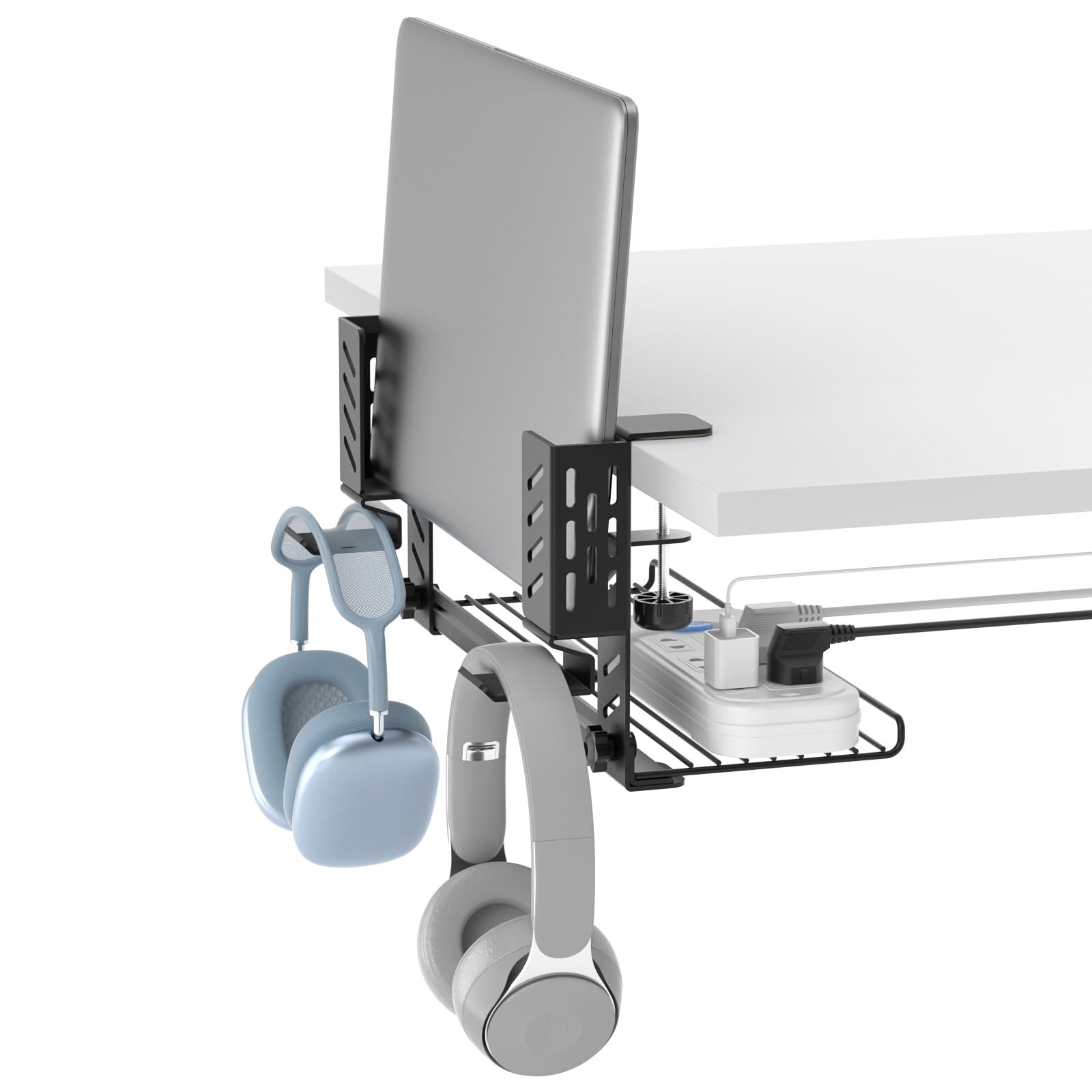 KDD 3-in-1 Laptop Stand Holder Storage, Adjustable Under Desk Cable Management Tray with Headphone Hanger and Cable Ties, No Drill Clamp on Desk Side Organizers Suitable for Laptop/Tablet/Headphone