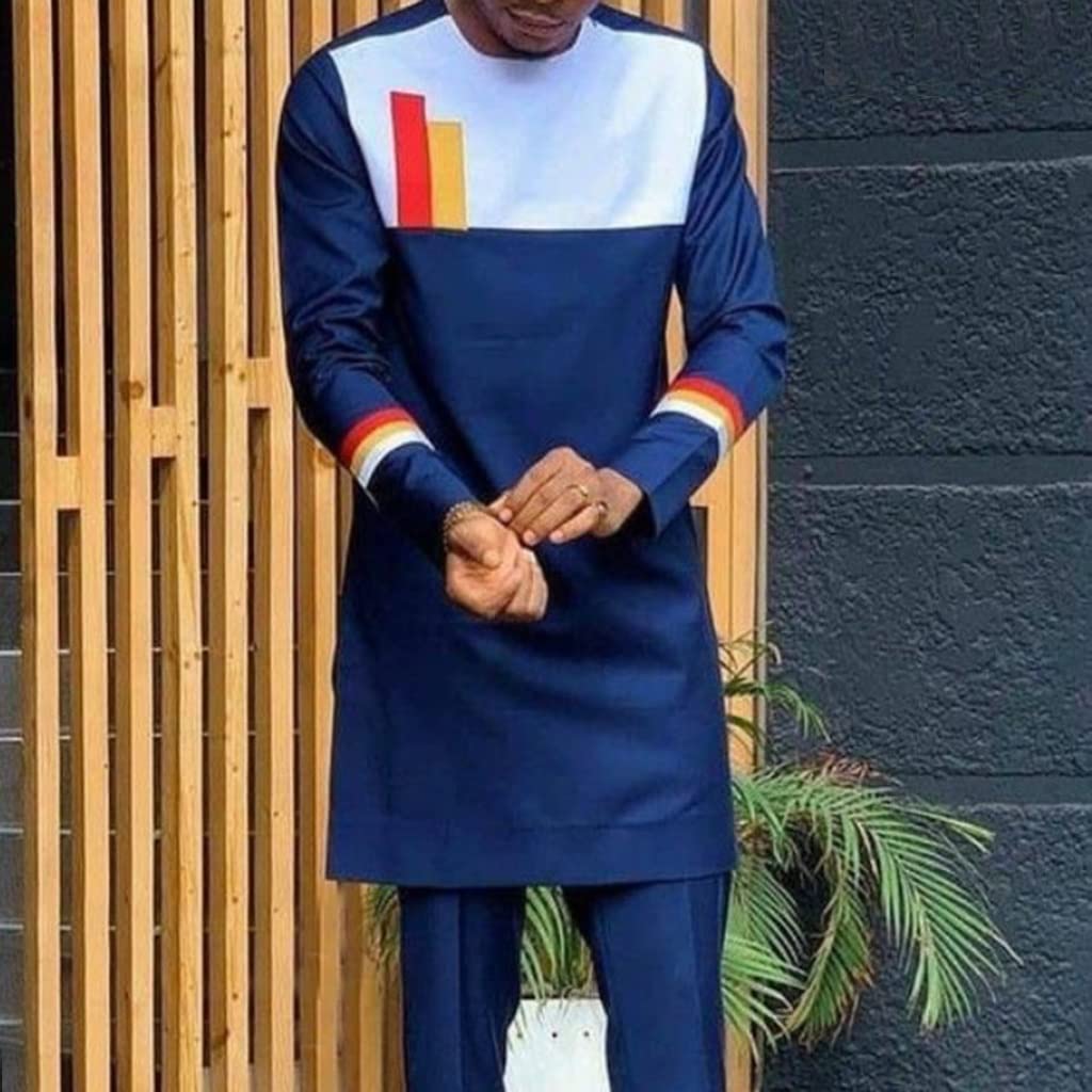 Męski 2-częściowy Zestaw Afrykanin Strój Dashiki Koszula i Spodnie Garnitur Top Z Długim Rękawem Modny Dres Kurtki Tradycyjna Odzież(3XL)