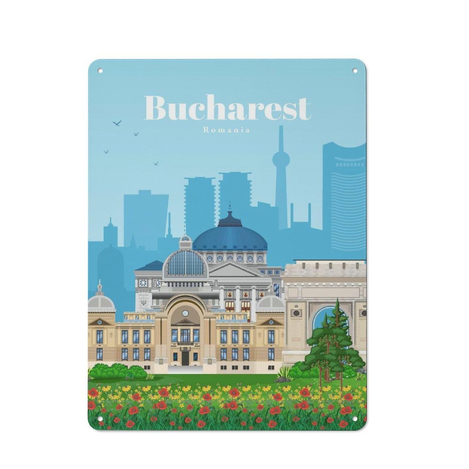 Travel to Bucharest Country Vintage Metal Wall Decor 40x30cm, Farmhouse Metal Sign for Kitchen, Cottage, Porch Or Garden Room