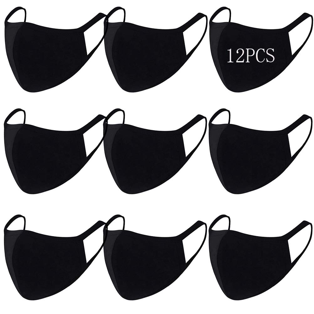 12 PACK Reusable Cotton Fabric,Fashion Protective, Unisex Black Dust Cotton, Washable Mouth Covering