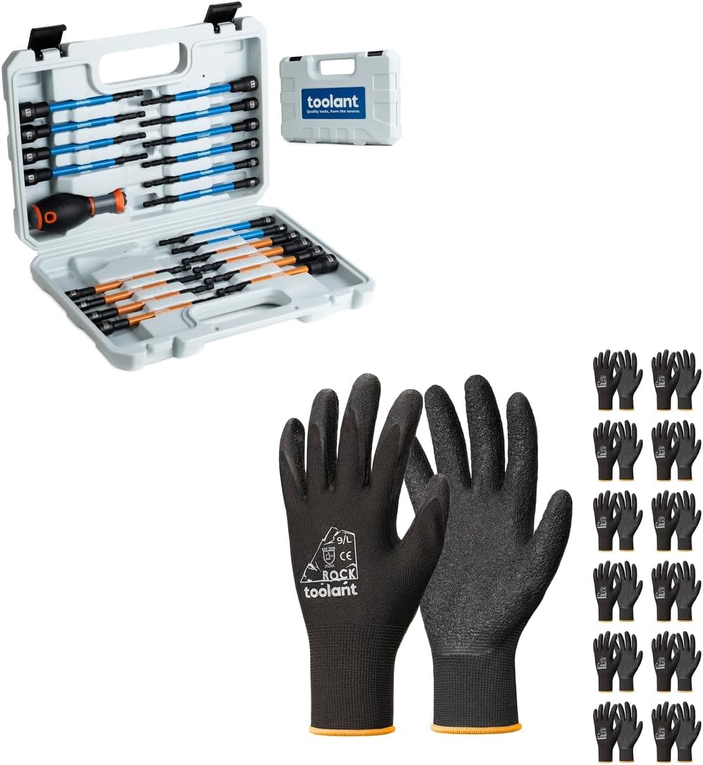 toolant 21pcs Nut Driver Set + 12 Pairs Latex Work Gloves Bundle