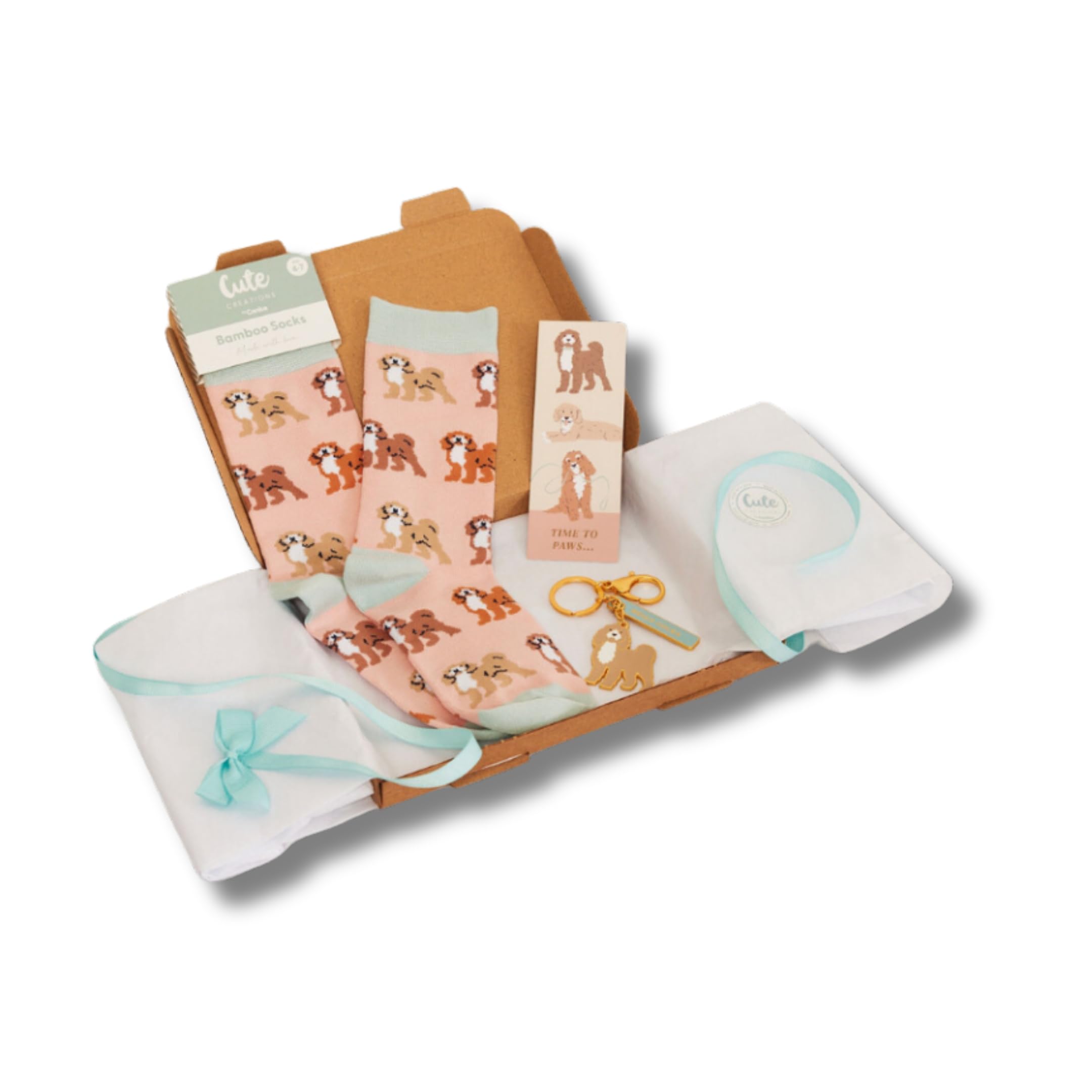 Cute CREATIONS Dog Lover’s Gift Set – Socks, Keyring & Bookmark, Dachshund, Frenchie, Pug, Spaniel, Cockapoo, Labrador, Toe's & Trinkets (Cockapoo)